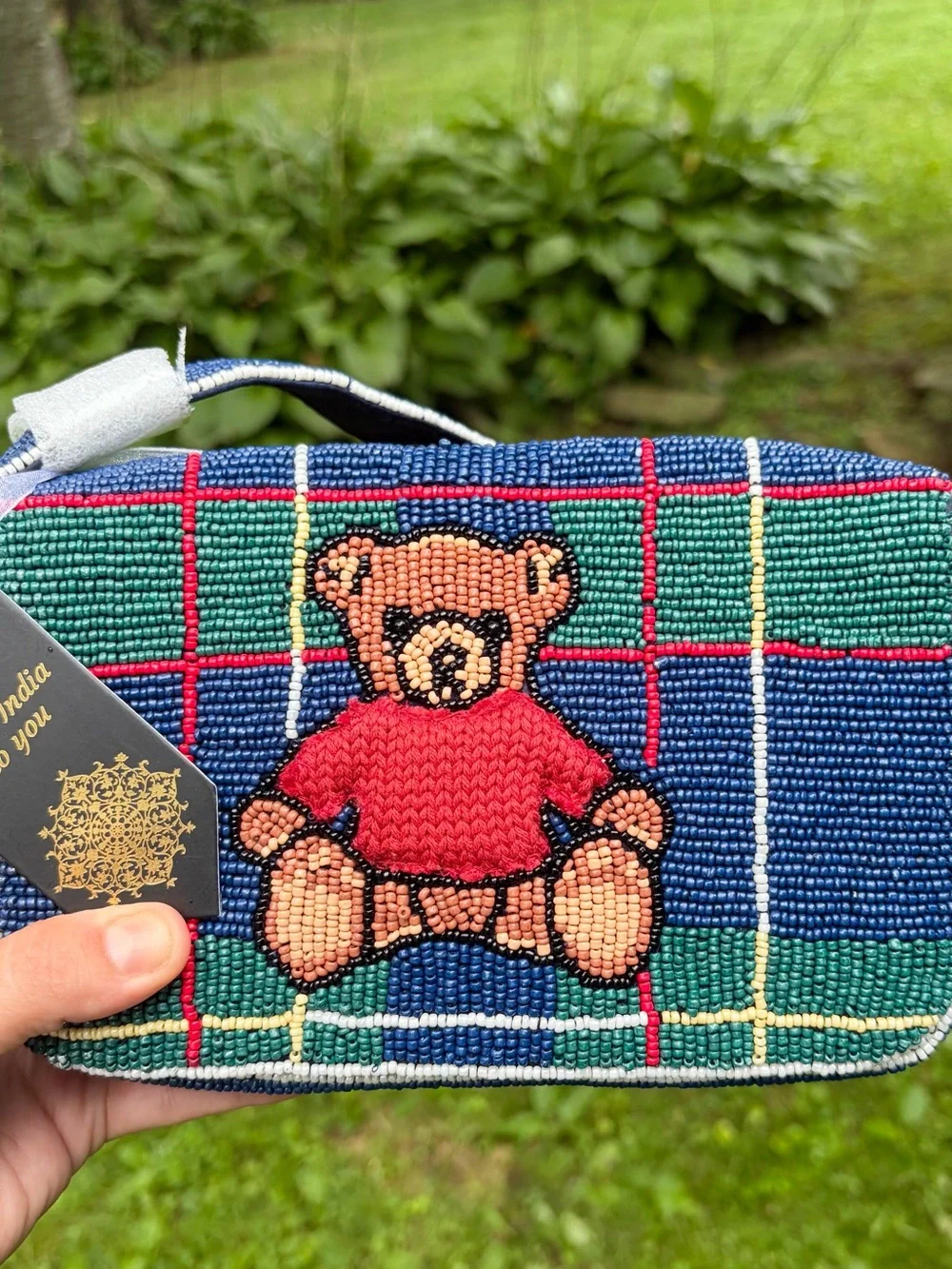 NWT: VIRAL TikTok Beaded Bag Plaid Teddy Bear in Knit Sweater. From India to You